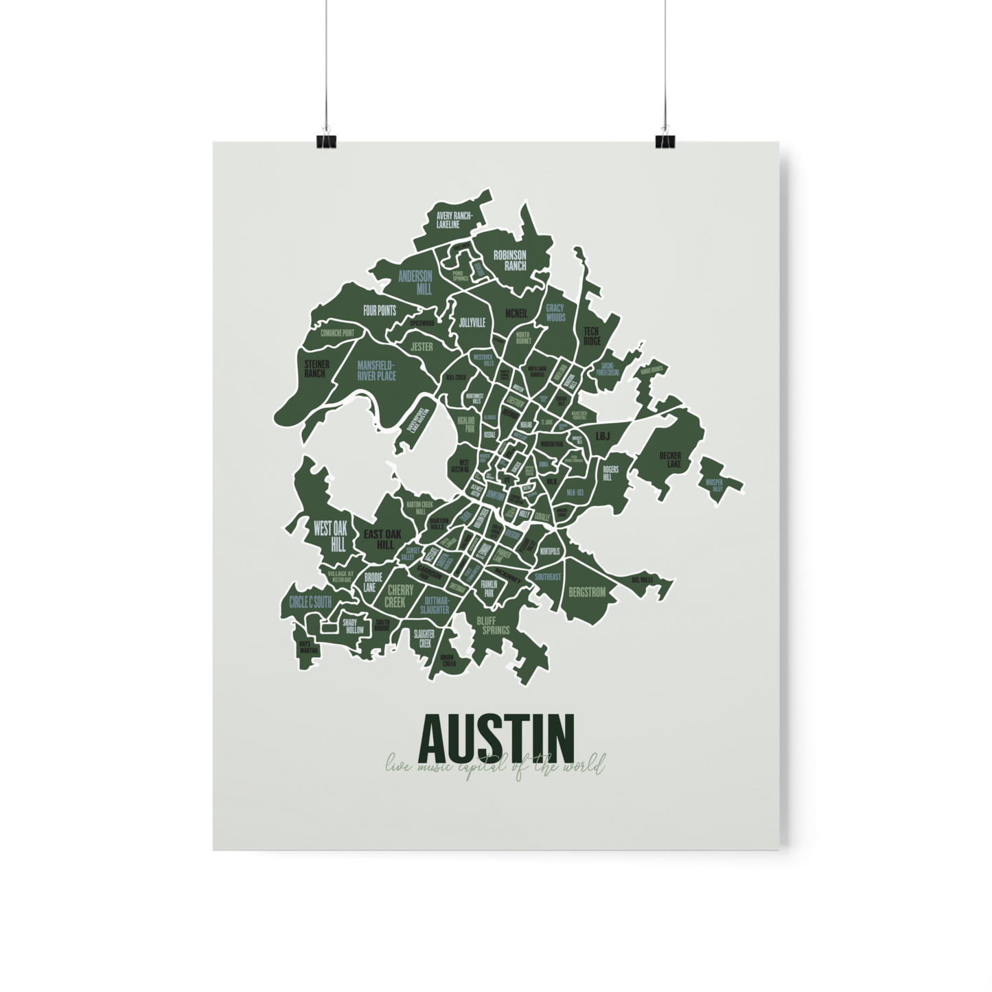 Austin, TX Neighborhoods Map Print